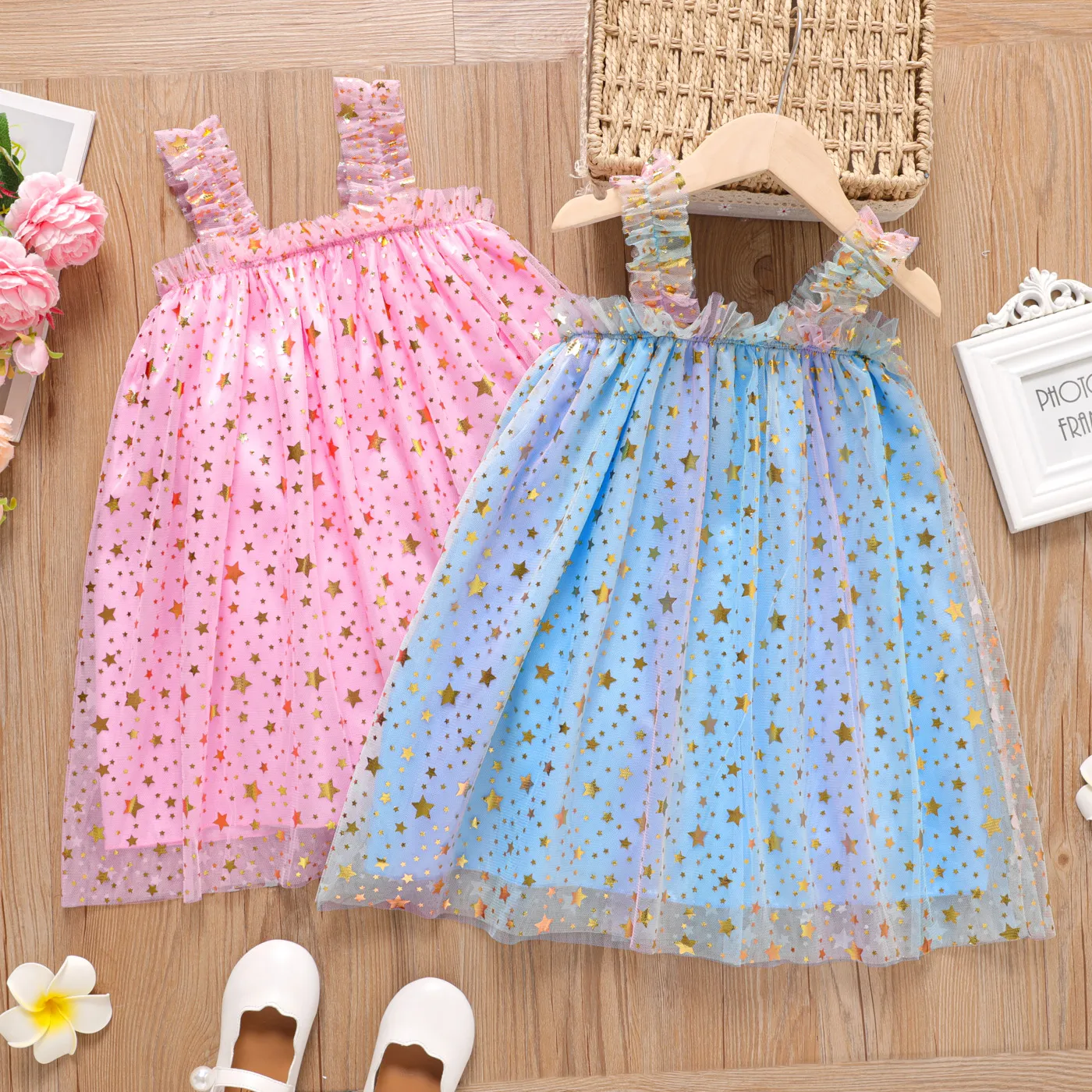 Kid Girl Stars Pattern Mesh Ruched Slip Fairy Dress Pink image 2