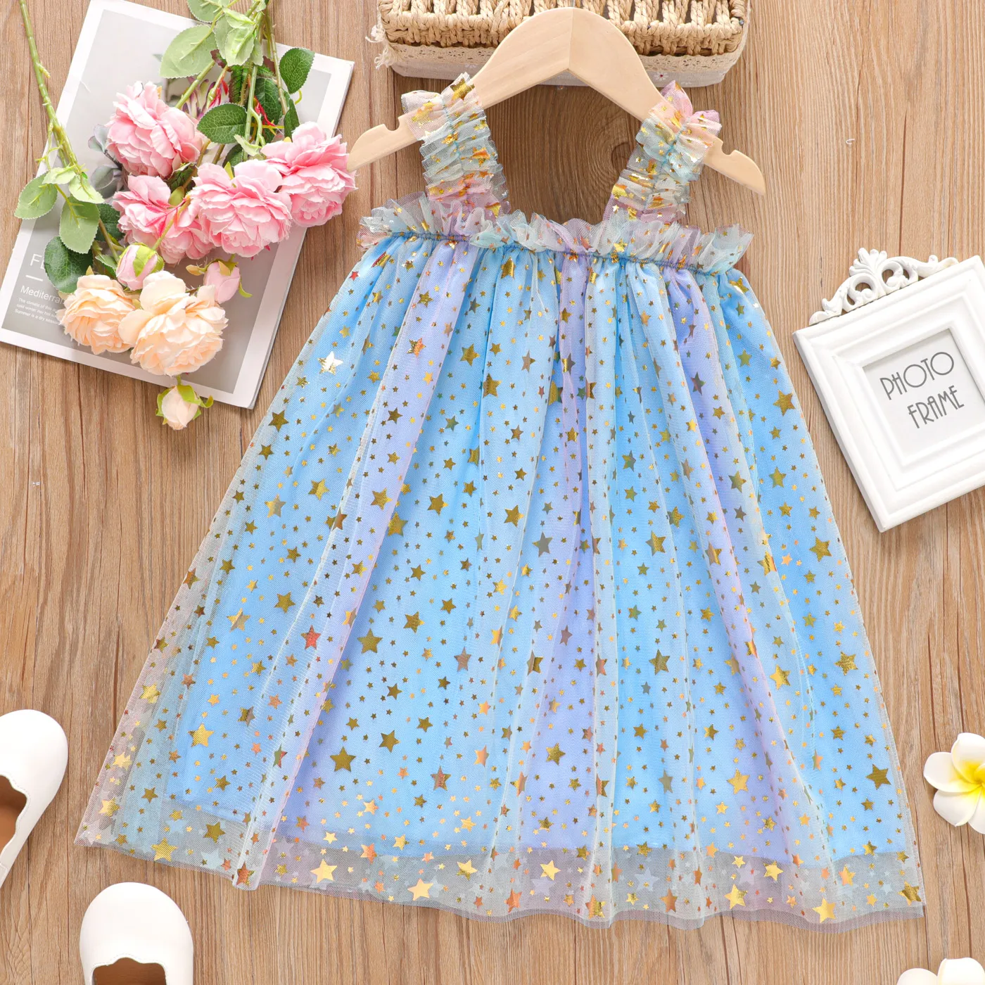 Kid Girl Stars Pattern Mesh Ruched Slip Fairy Dress Light Blue