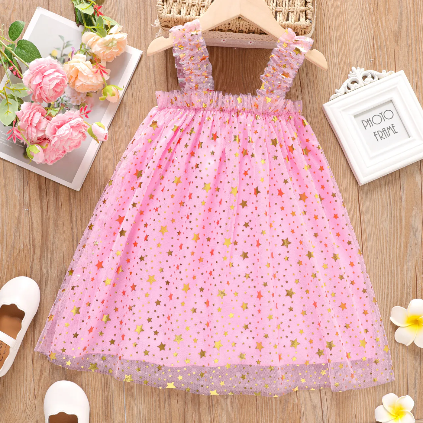 Kid Girl Stars Pattern Mesh Ruched Slip Fairy Dress Pink big image 1