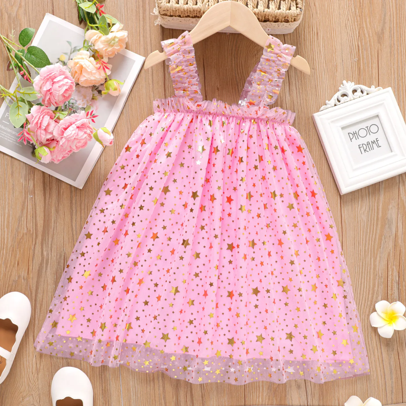 Kid Girl Stars Pattern Mesh Ruched Slip Fairy Dress Pink image 6