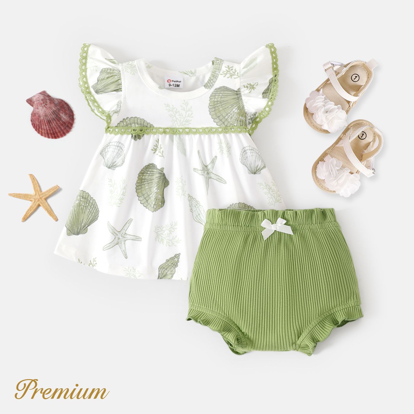 2pcs Baby Girl Naiaâ¢ Ocean Print Flutter-sleeve Top And Ruffle Trim Solid Shorts Set