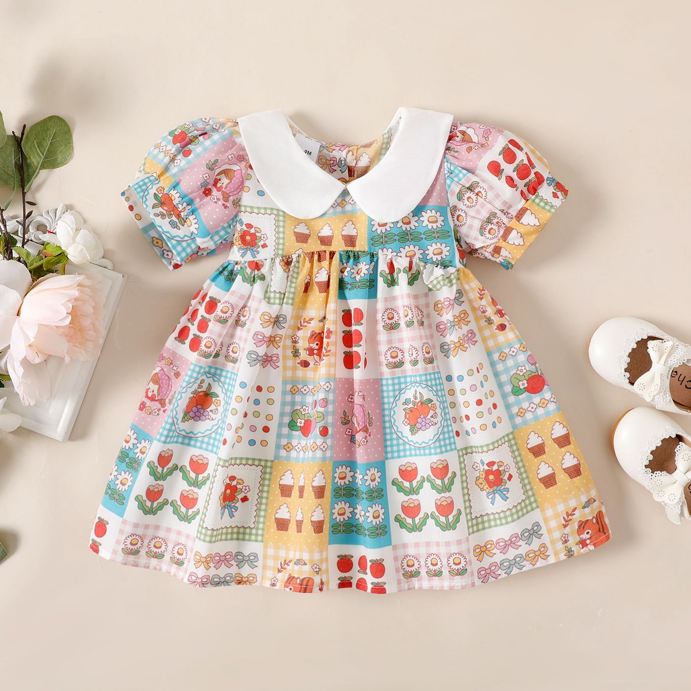 Baby Girl 100% Cotton Allover Print Doll Collar Dress