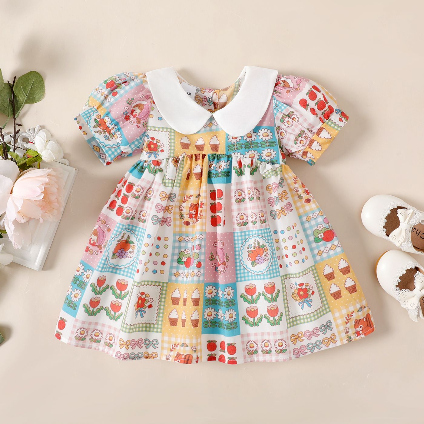 

Baby Girl 100% Cotton Allover Print Doll Collar Dress