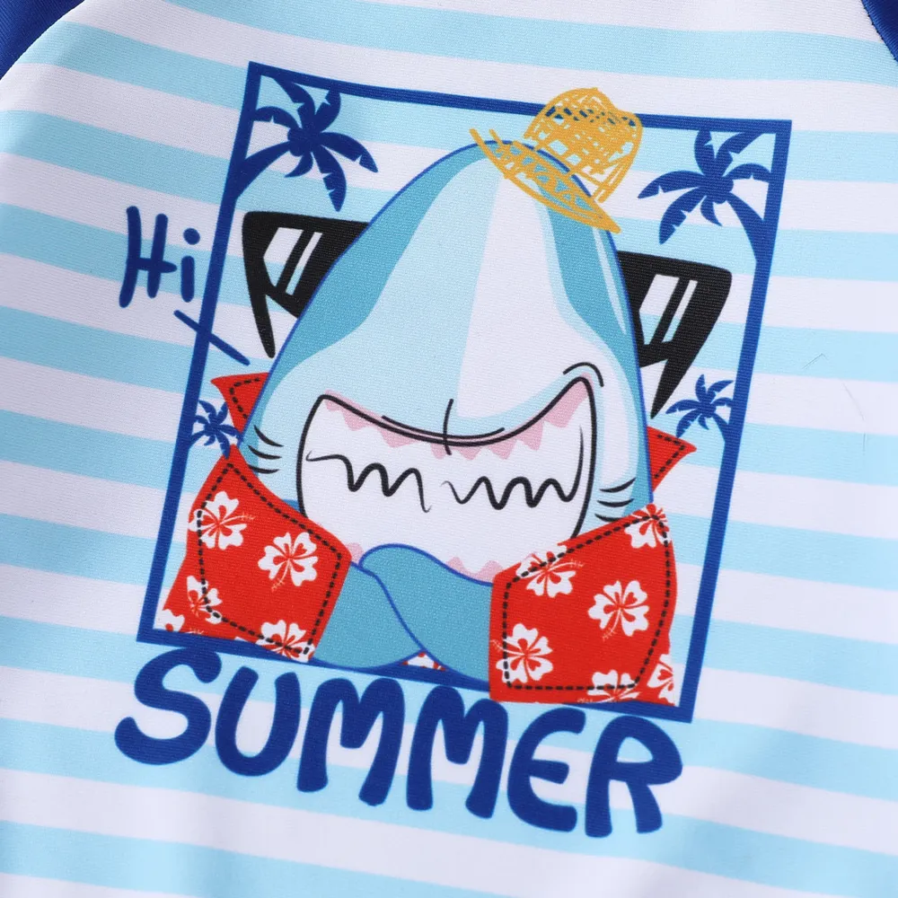 2pcs Baby Boy Shark Graphic Striped Long-sleeve Top and Swim Trunks Set big image 4