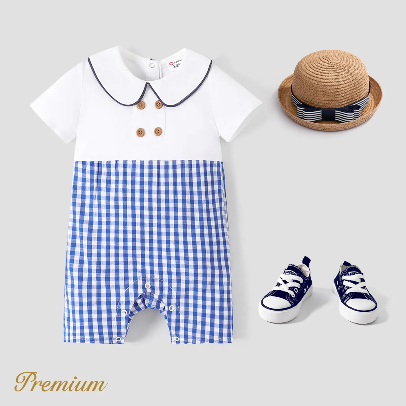 Baby Boy Plaid Panel Short-sleeve Lapel Neck Romper