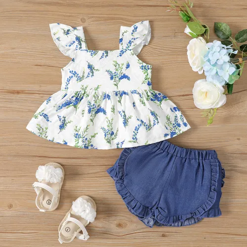 2pcs Baby Girl Floral Print Ruffle Hem Flutter-sleeve Top and Ruffled Shorts Set 