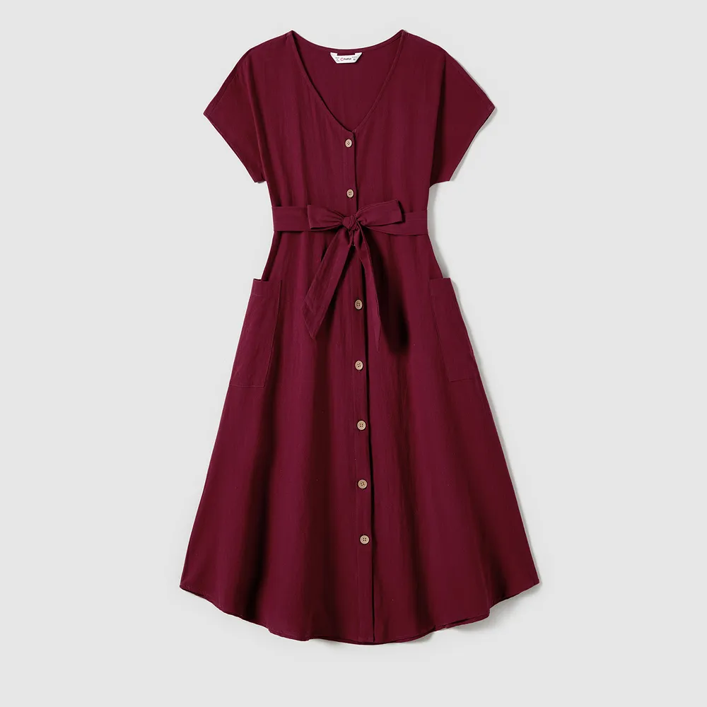Family Matching Patch Pocket Short-sleeve Button Up Belted Dresses and Striped Short-sleeve T-shirts Sets big image 13