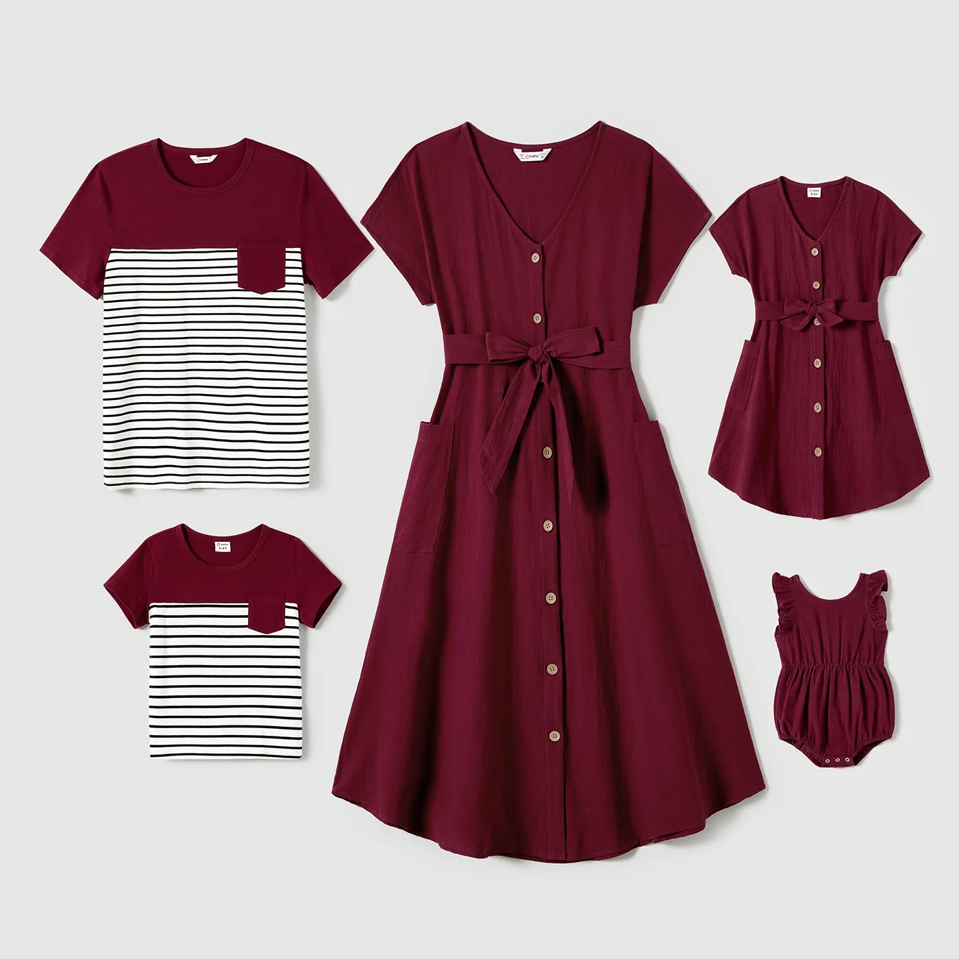 Family Matching Patch Pocket Short-sleeve Button Up Belted Dresses and Striped Short-sleeve T-shirts Sets  image 2