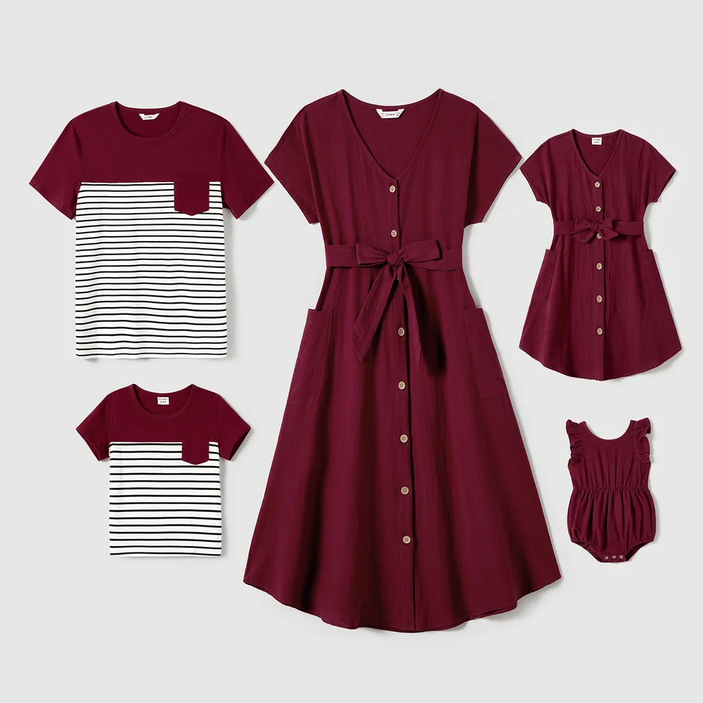 Family Matching Patch Pocket Short-sleeve Button Up Belted Dresses and Striped Short-sleeve T-shirts Sets  big image 2