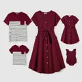 Family Matching Patch Pocket Short-sleeve Button Up Belted Dresses and Striped Short-sleeve T-shirts Sets  image 2