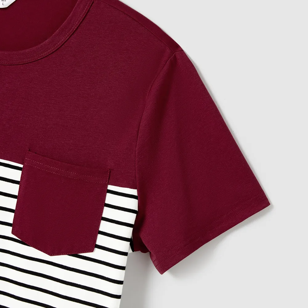 Family Matching Patch Pocket Short-sleeve Button Up Belted Dresses and Striped Short-sleeve T-shirts Sets big image 20