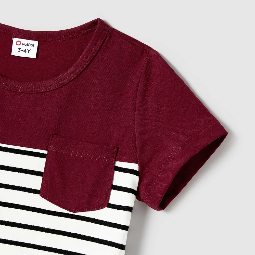 Family Matching Patch Pocket Short-sleeve Button Up Belted Dresses and Striped Short-sleeve T-shirts Sets big image 7