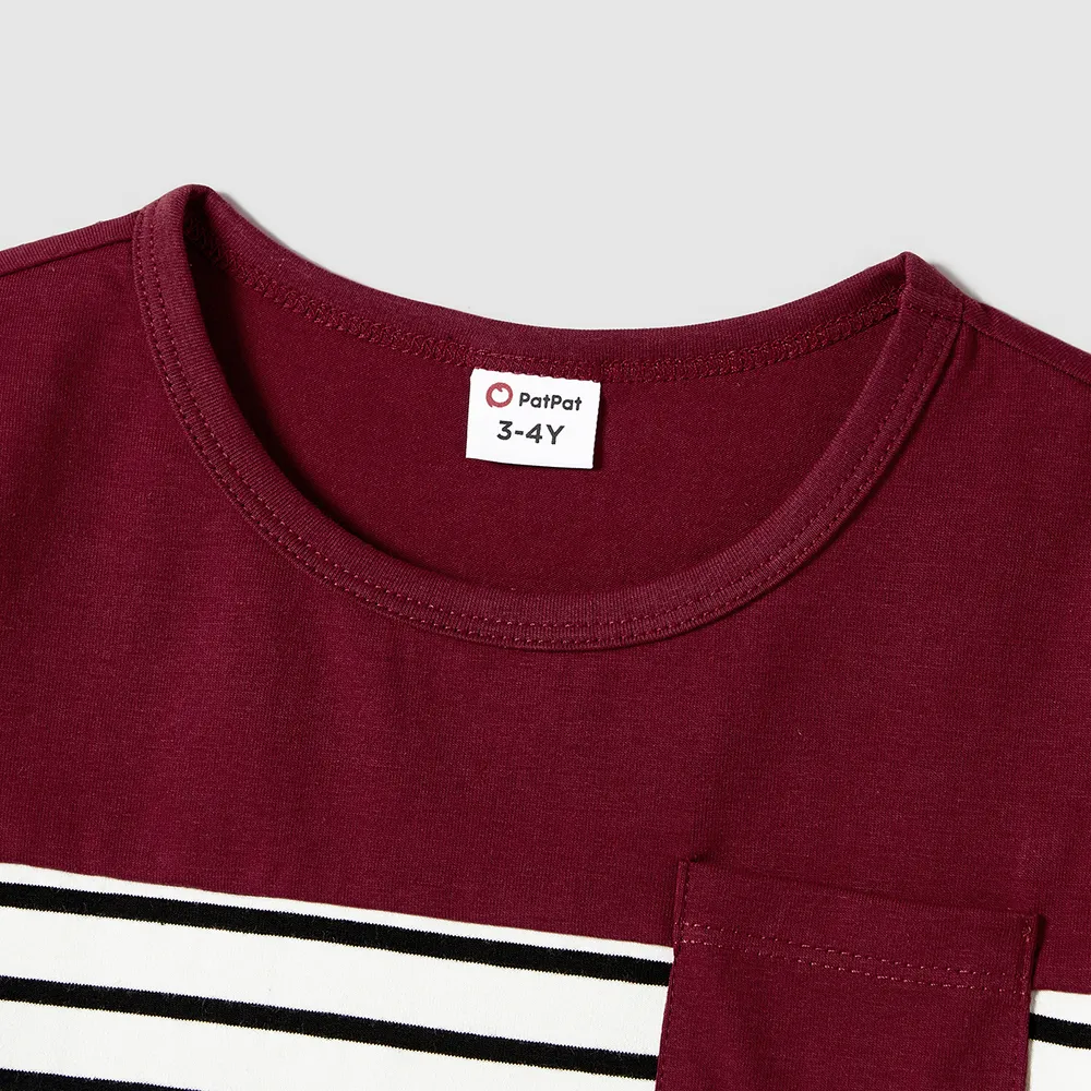 Family Matching Patch Pocket Short-sleeve Button Up Belted Dresses and Striped Short-sleeve T-shirts Sets big image 8