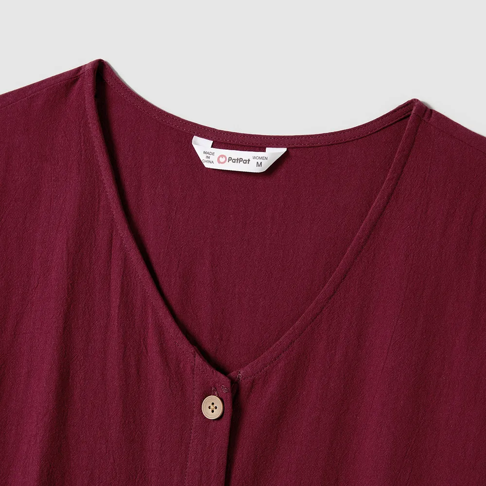 Family Matching Patch Pocket Short-sleeve Button Up Belted Dresses and Striped Short-sleeve T-shirts Sets big image 14