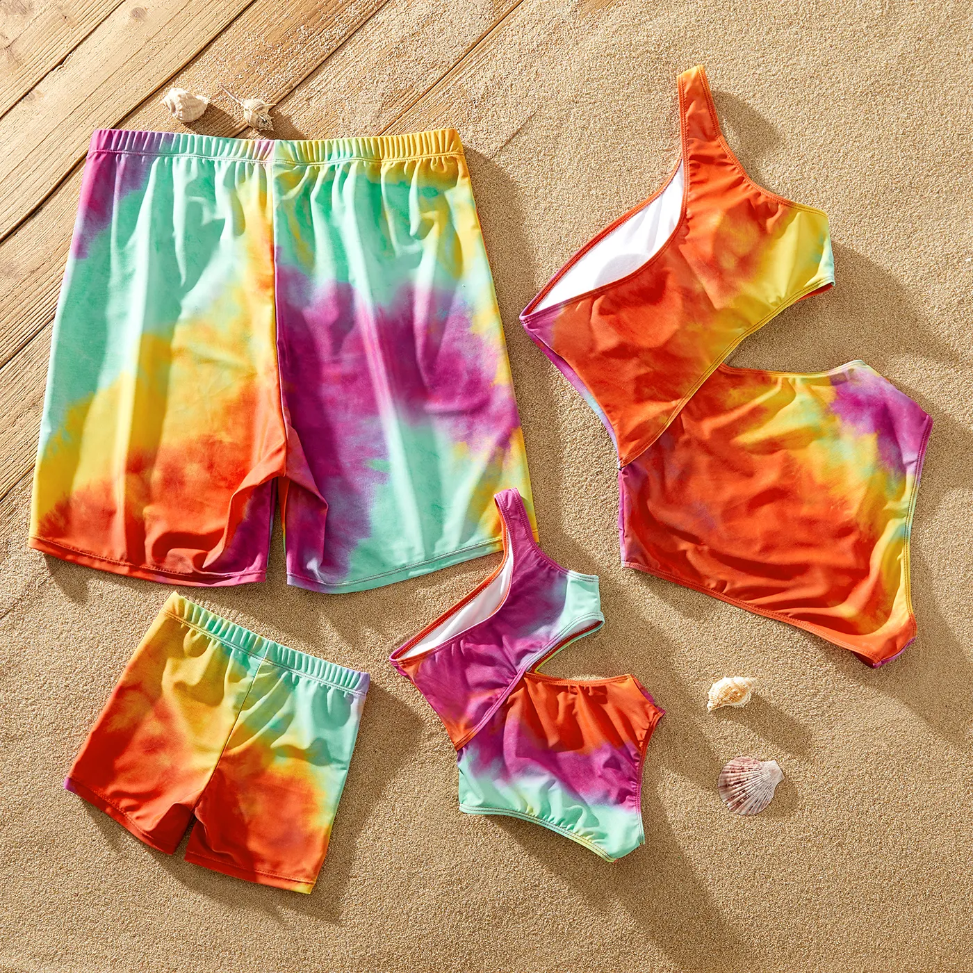 Family Matching Tie Dye Cut Out Waist One-Shoulder One-piece Swimsuit or Swim Trunks Shorts MultiColour image 3