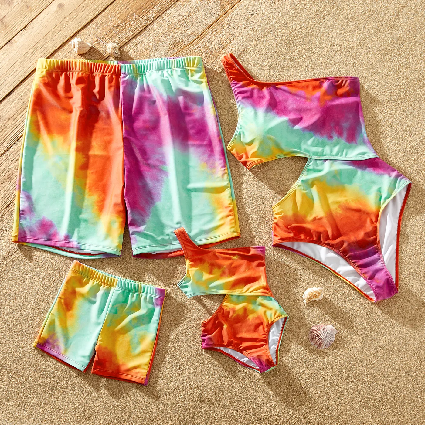 Family Matching Tie Dye Cut Out Waist One-Shoulder One-piece Swimsuit or Swim Trunks Shorts