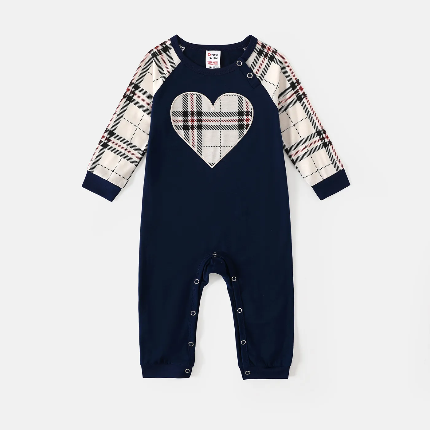 Family Matching School Grid Letter Print Patch Long Sleeve Pajamas Sets (Flame Resistant) Blue big image 1