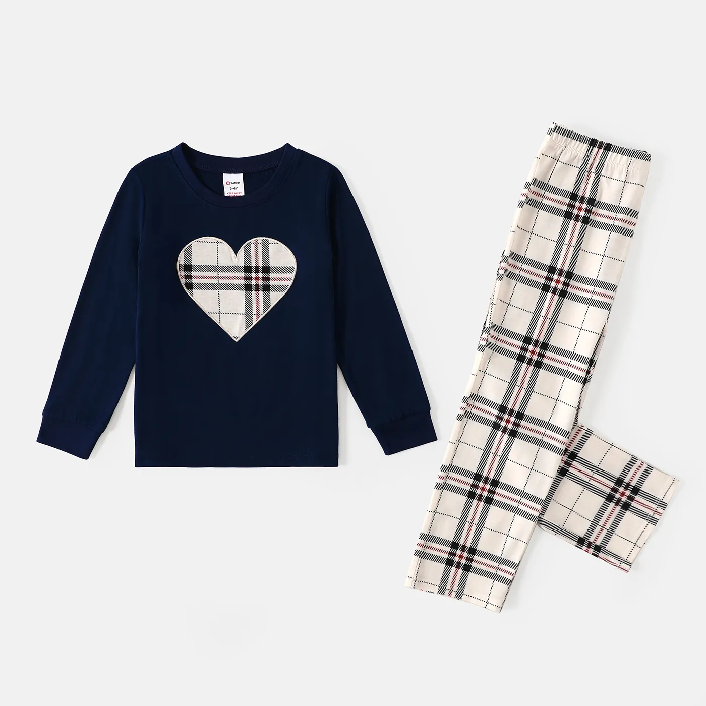 Family Matching School Grid Letter Print Patch Long Sleeve Pajamas Sets (Flame Resistant) Blue image 6
