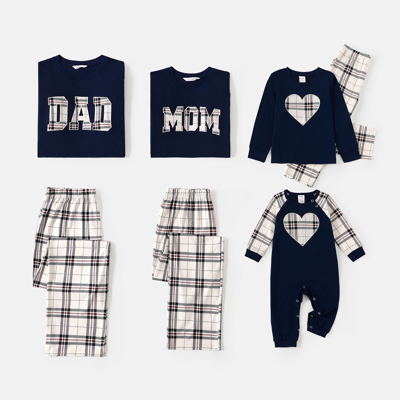 Family Matching School Grid Letter Print Patch Long Sleeve Pajamas Sets (Flame Resistant)
