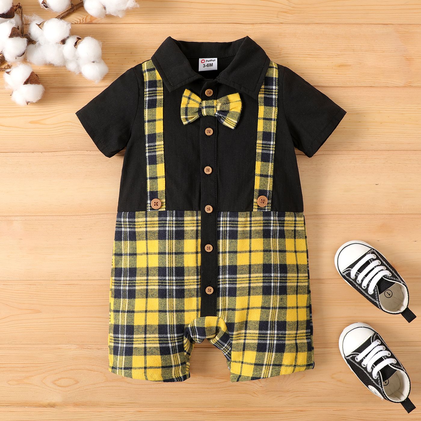 

Baby Boy Button Front Bow Tie Plaid Suspender Combo Romper