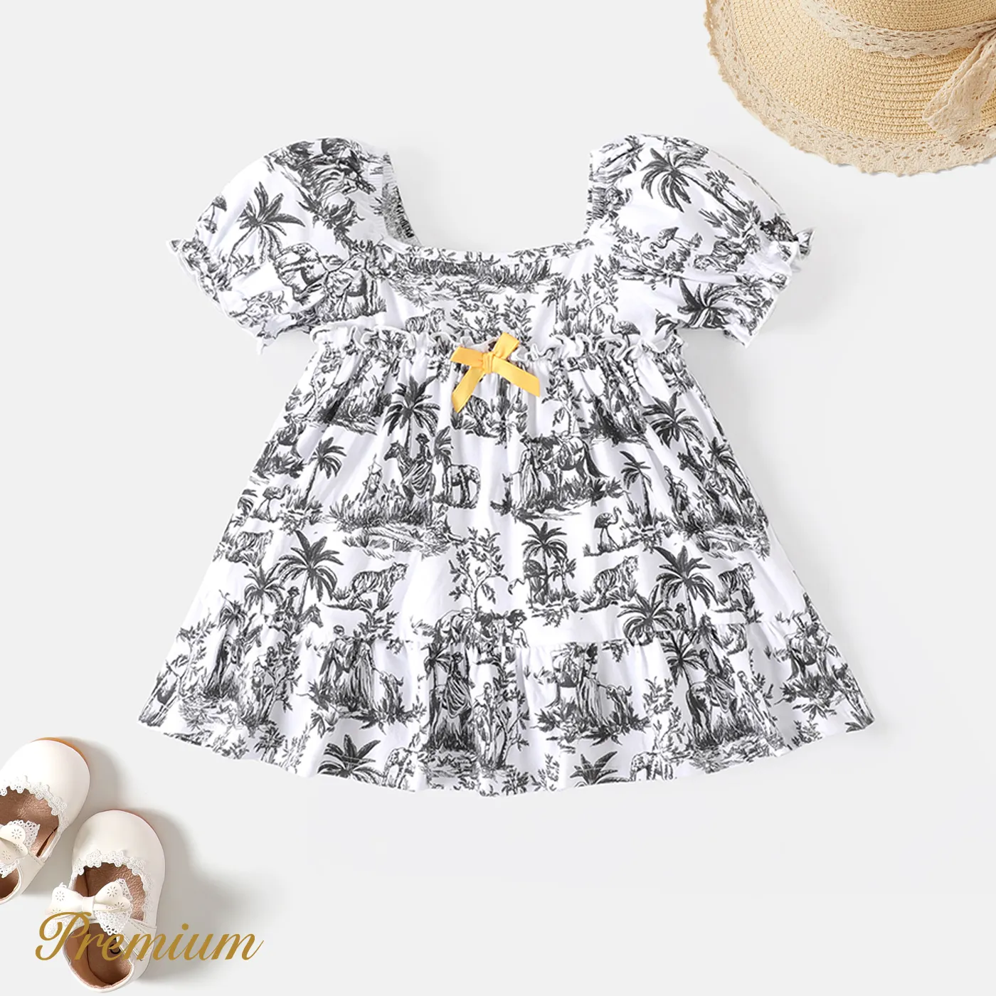 Baby Girl Allover Tropical Plant Print Puff Sleeve Square Collar Cotton Dress