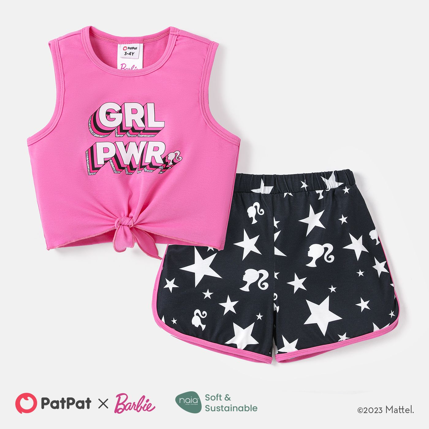 

Barbie Toddler Girl 2pcs Letter Print Knot Hem Tank Top and Naia™ Stars Print Dolphin Shorts Set