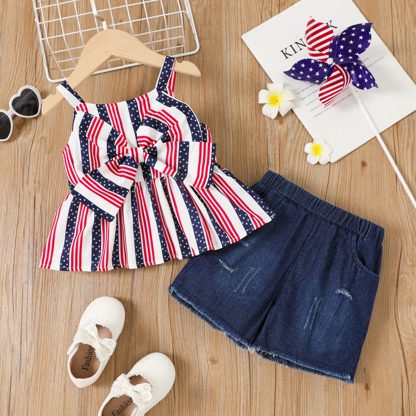 Independence Day 2pcs Toddler Girl Bow Front Striped Cami Top and 100% Cotton Ripped Denim Shorts Se