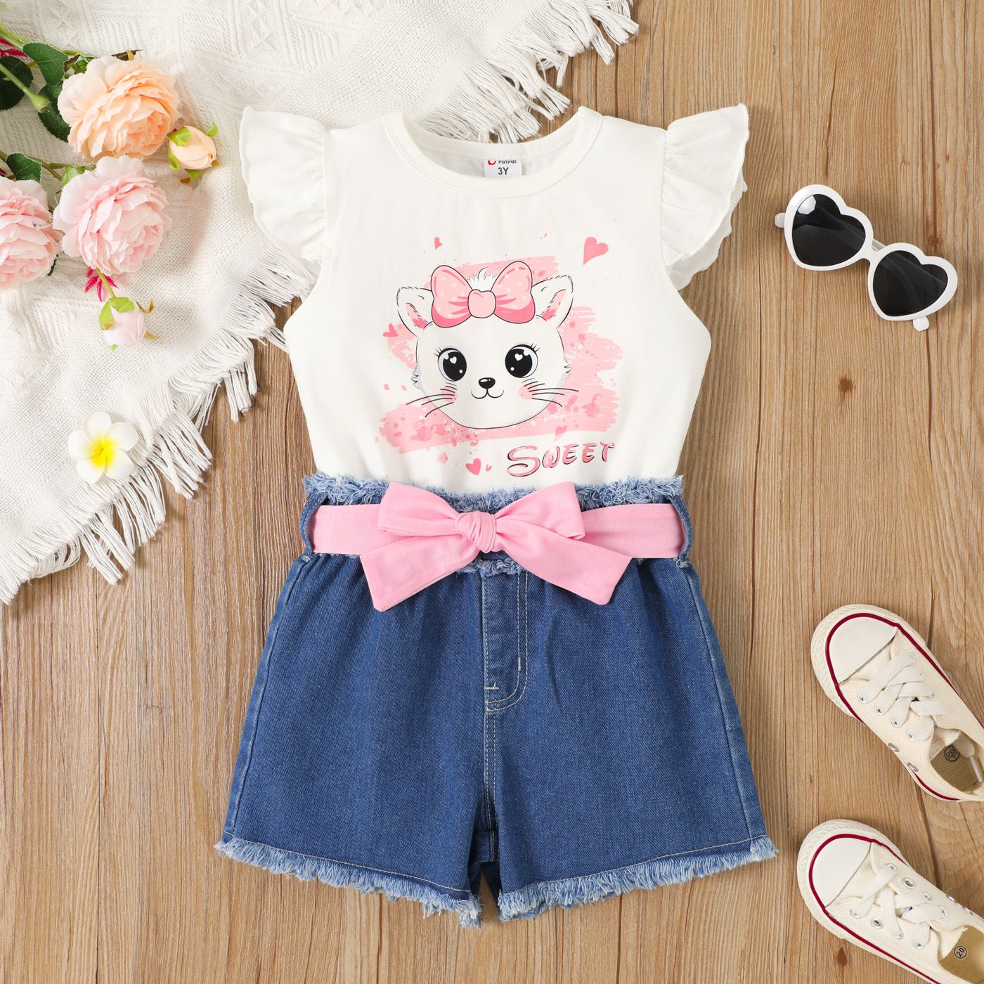 2pcs Toddler Girl Cute Cat Print Ruffled Short-sleeve Tee And Polka Dots Belted Shorts Set