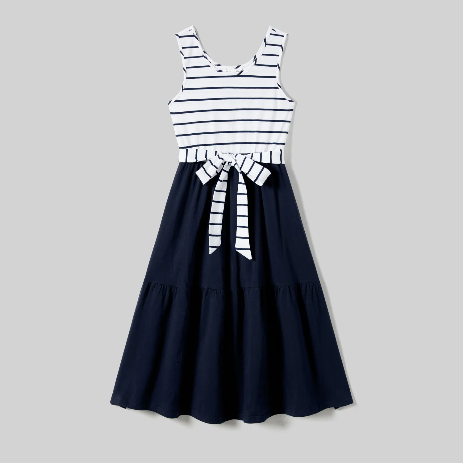 Family Matching Striped Panel Belted Tank Dresses And Cotton Colorblock Short-sleeve T-shirts Sets