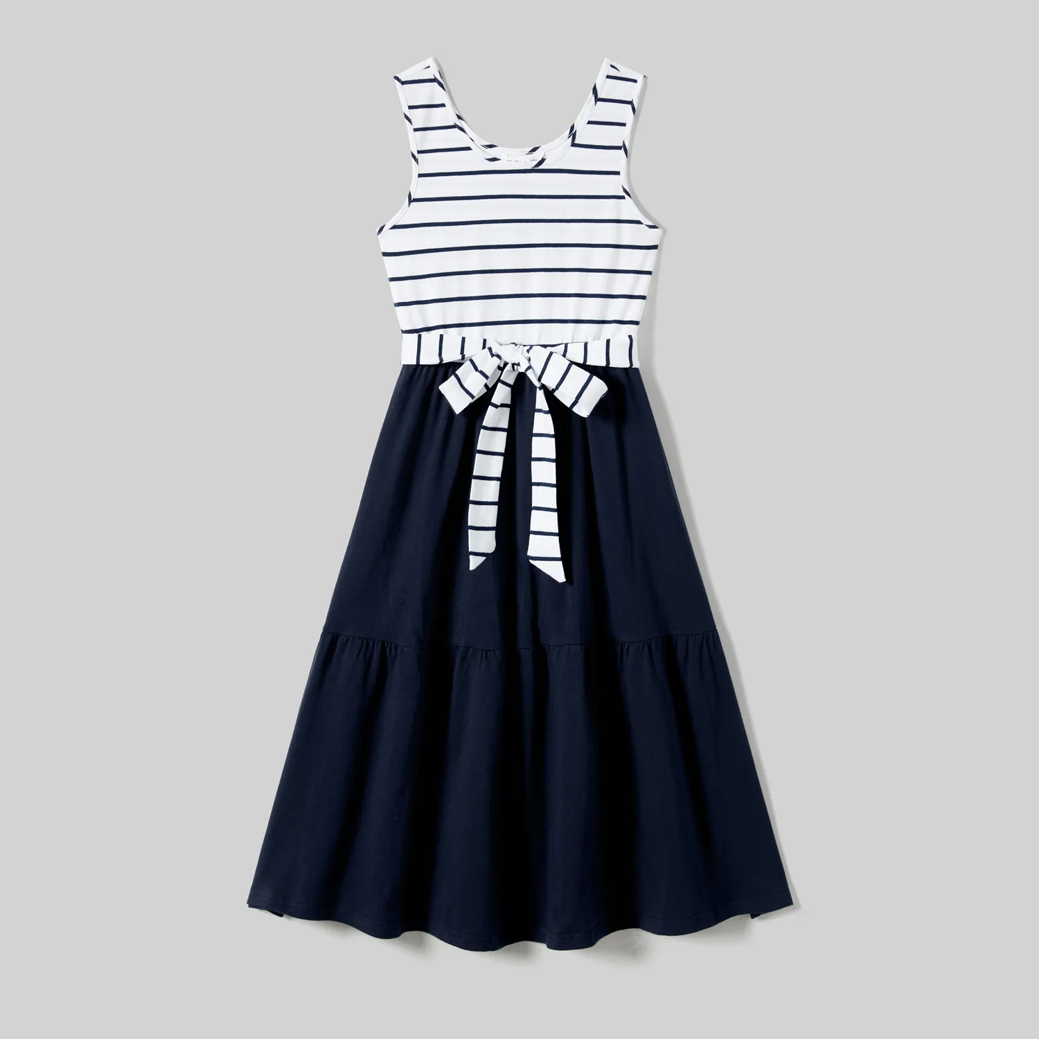 Family Matching Striped Panel Belted Tank Dresses and Cotton Colorblock Short-sleeve T-shirts Sets  big image 11