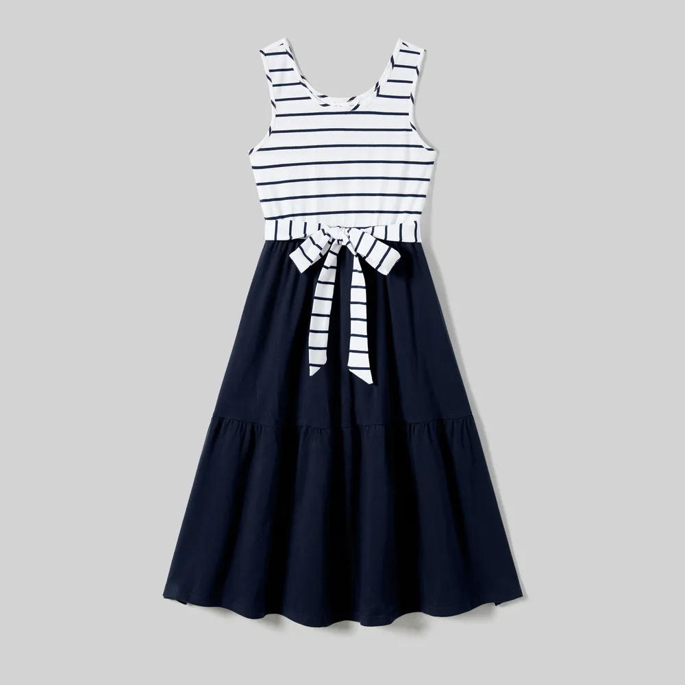 Family Matching Striped Panel Belted Tank Dresses and Cotton Colorblock Short-sleeve T-shirts Sets  big image 11