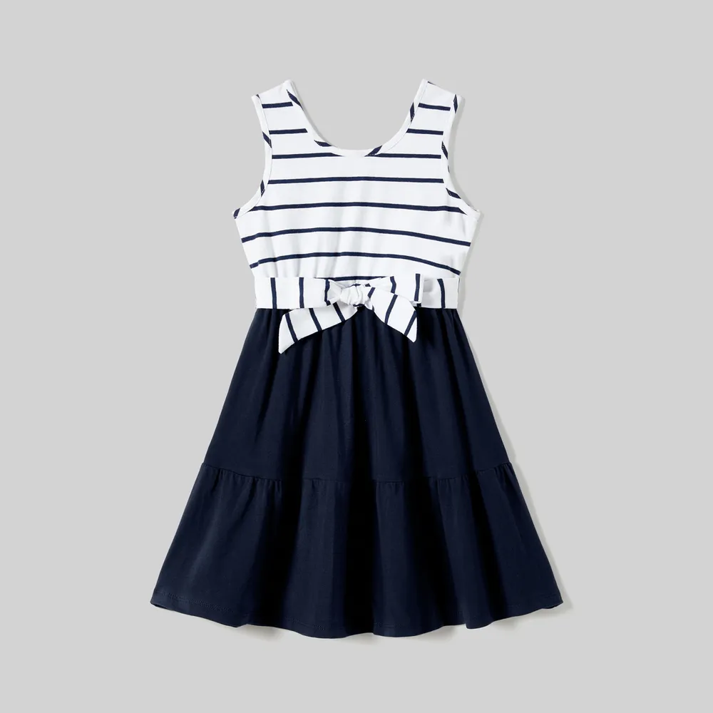 Family Matching Striped Panel Belted Tank Dresses and Cotton Colorblock Short-sleeve T-shirts Sets  big image 8