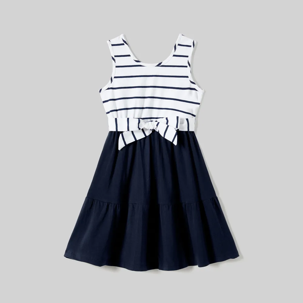 Family Matching Striped Panel Belted Tank Dresses and Cotton Colorblock Short-sleeve T-shirts Sets big image 8