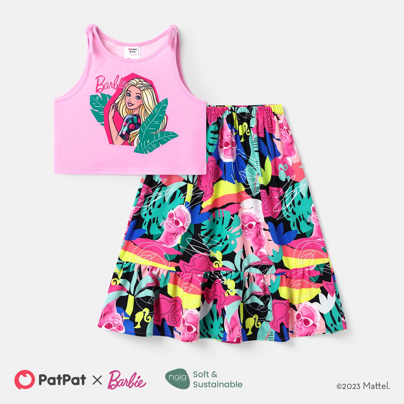 

Barbie Kid Girl 2pcs Naia™ Character Print Tank Top and Floral Print Skirt Set