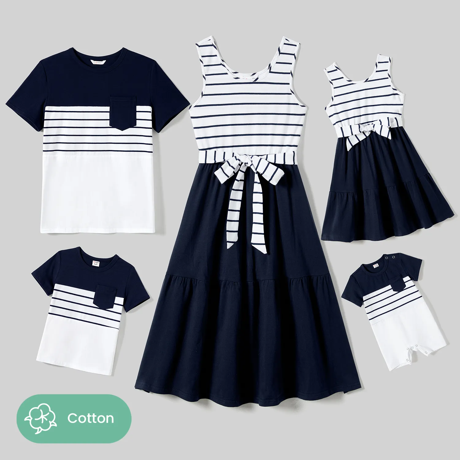 Family Matching Striped Panel Belted Tank Dresses and Cotton Colorblock Short-sleeve T-shirts Sets  image 2