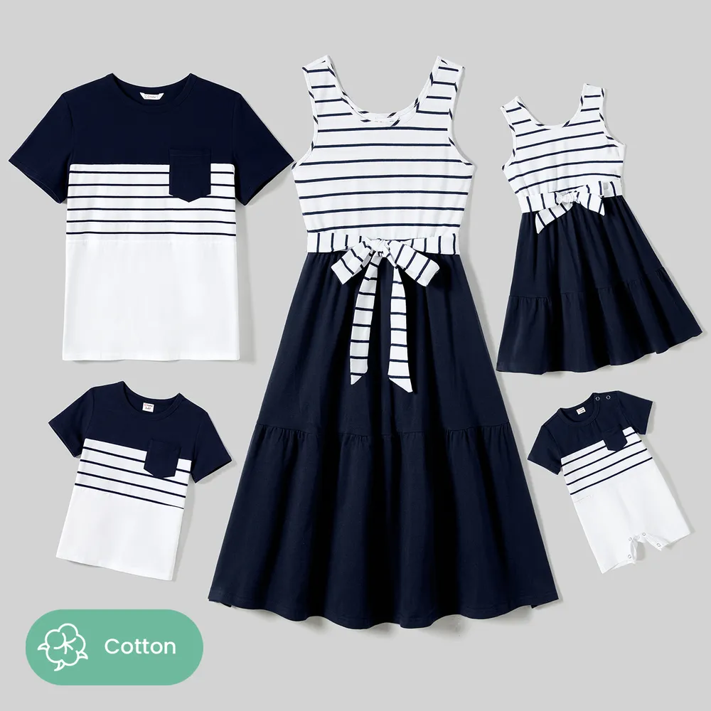 Family Matching Striped Panel Belted Tank Dresses and Cotton Colorblock Short-sleeve T-shirts Sets  big image 2