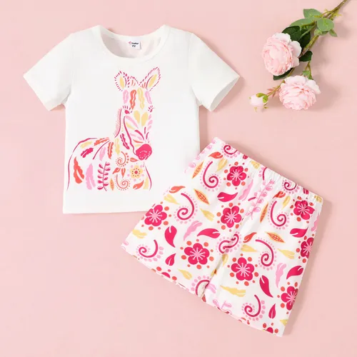 2pcs Toddler Girl Floral Zebra Print Short-sleeve Tee and Shorts Set