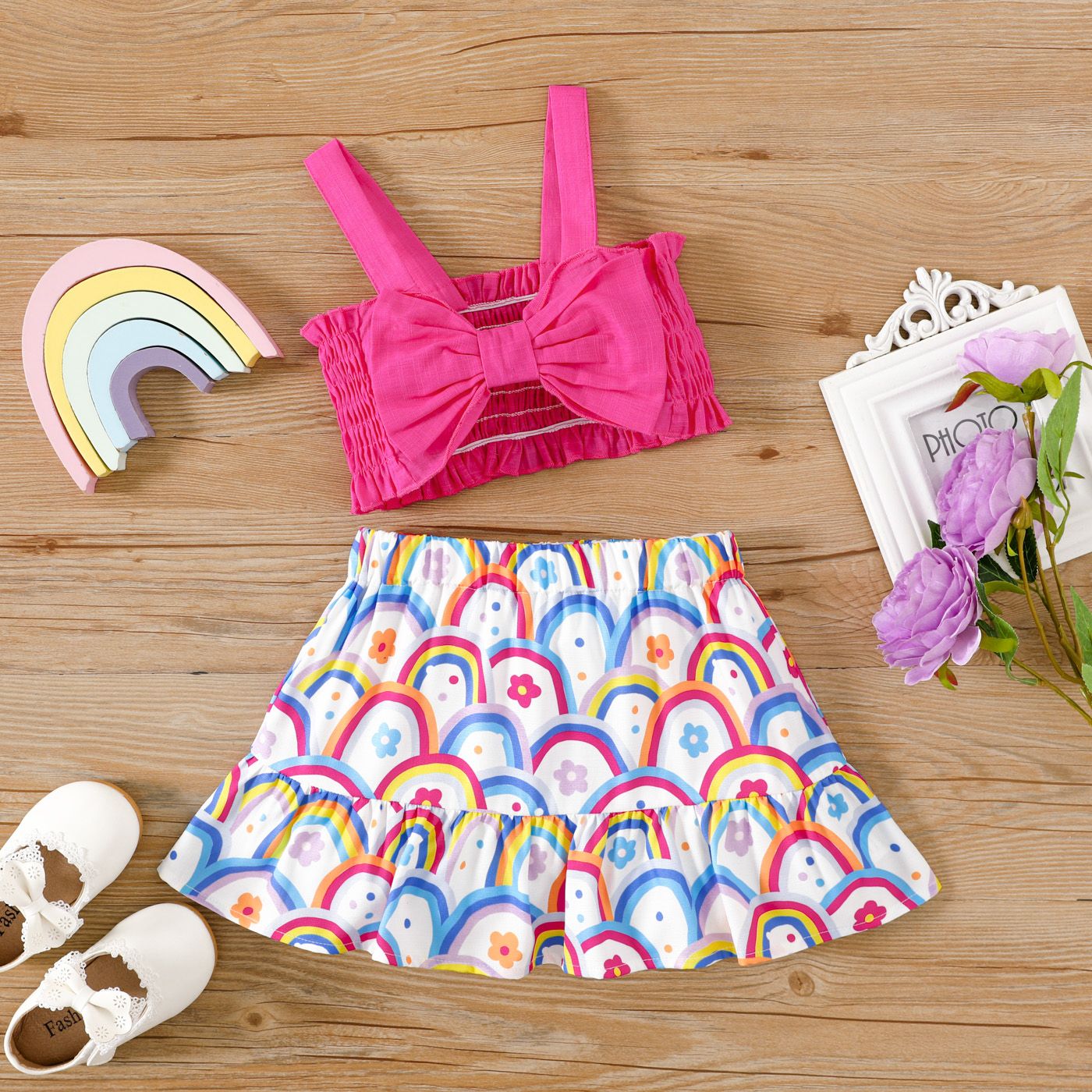 2pcs Toddler Girl 100% Cotton Bow Decor Smocked Camisole and Allover Rainbow Print Skirt Set