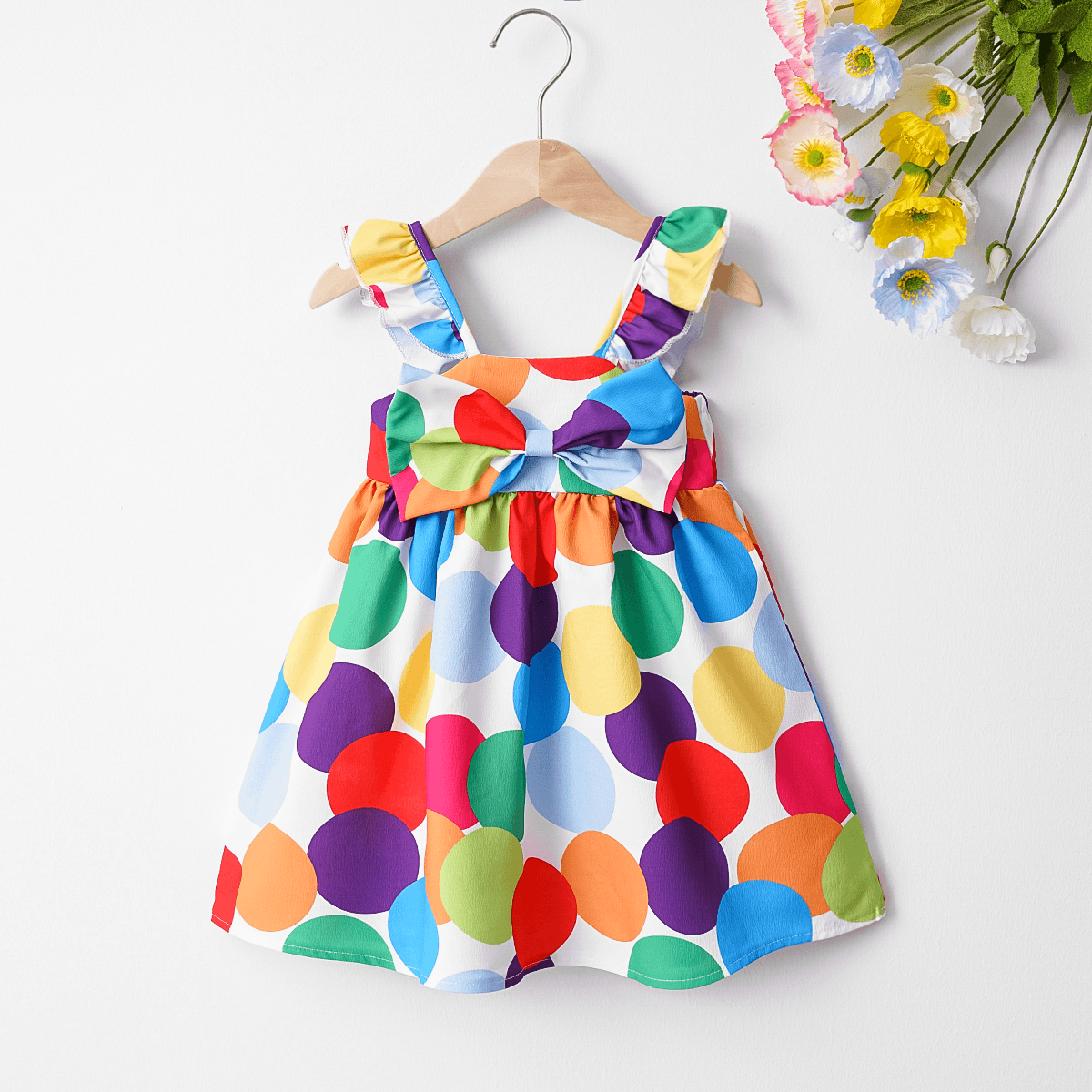 

Toddler Girl Colorful Polka Dots Print Bow Front Flutter-sleeve Dress