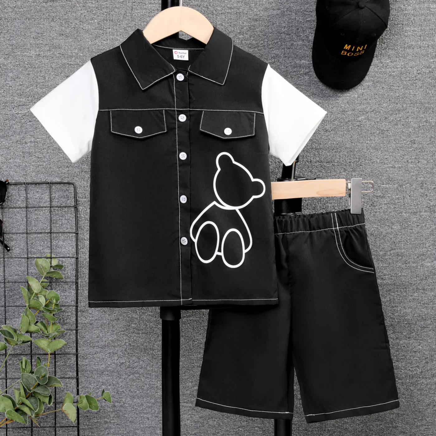 2pcs Kid Boy Bear Print Two Tone Colorblock Shirt and Shorts Set   big image 1