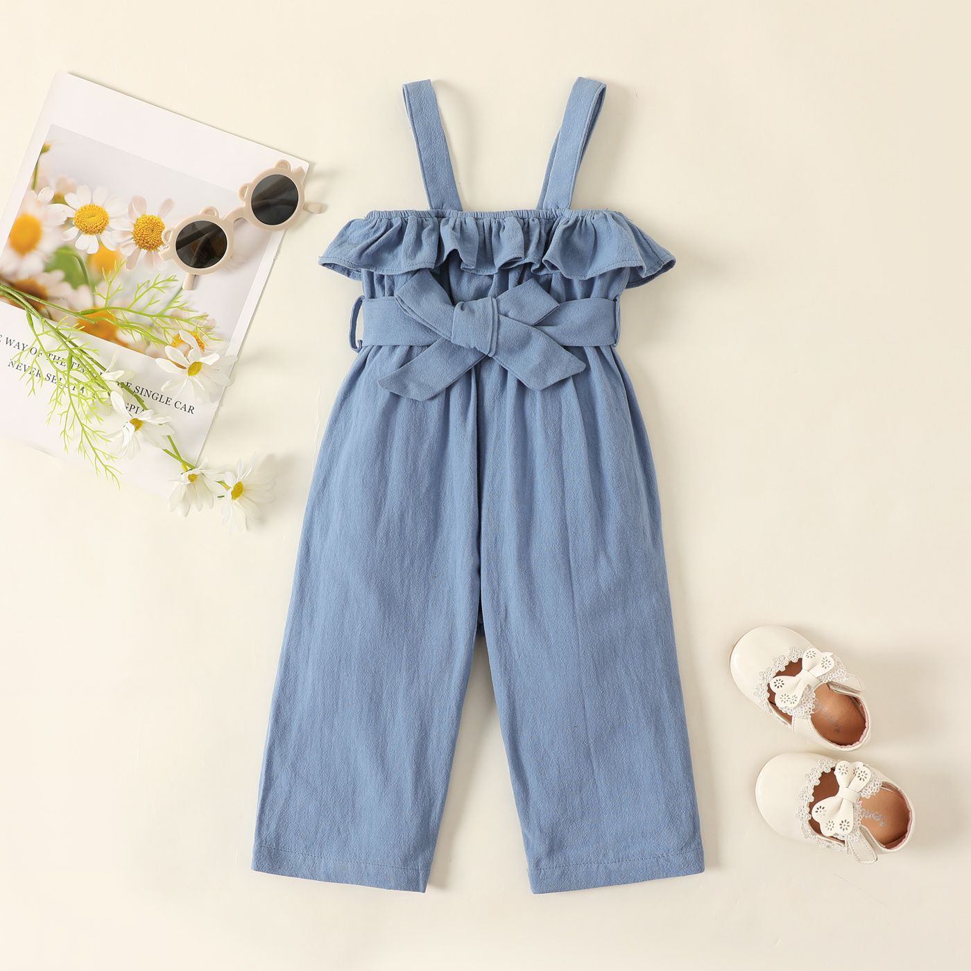 

Baby Girl 100% Cotton Ruffle Belted Solid Slip Jumpsuit