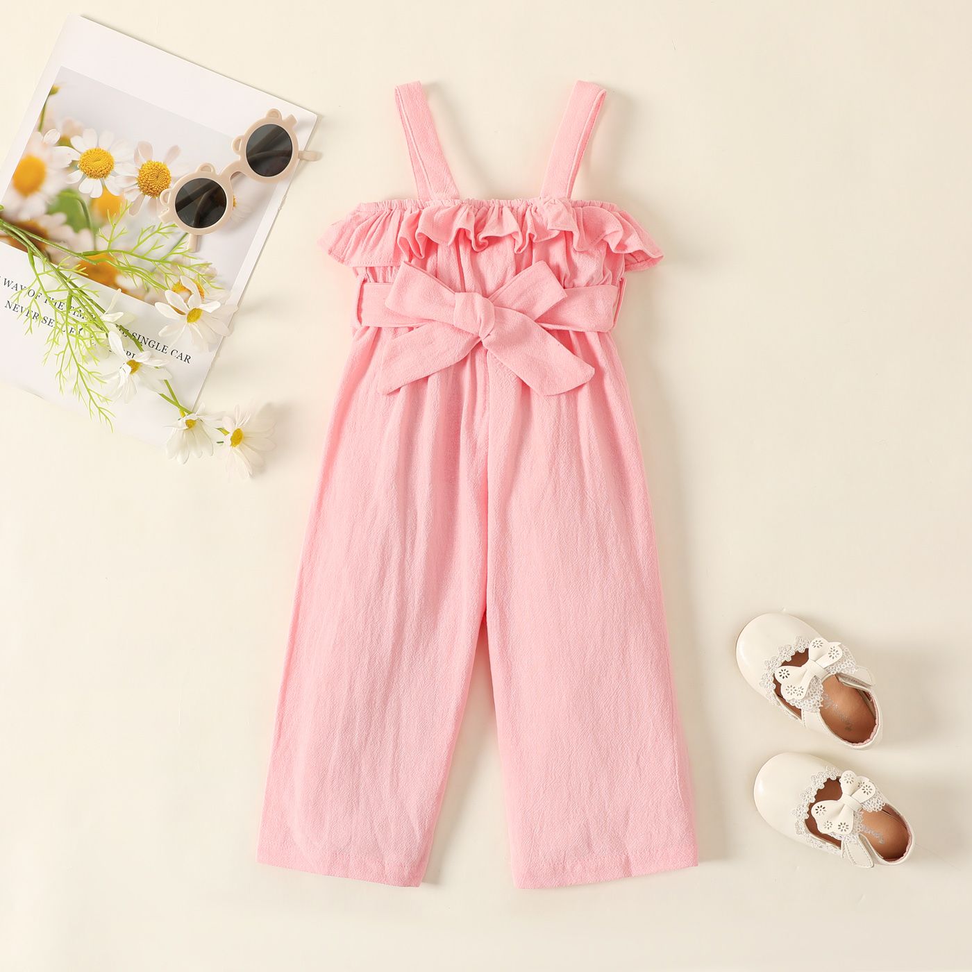 Baby Girl 100% Cotton Ruffle Belted Solid Slip Jumpsuit