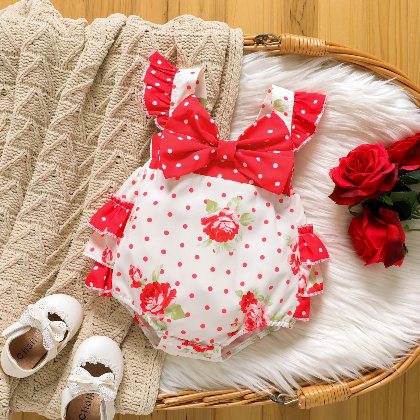 

Baby Girl Bow Decor Ruffle Polka Dots Romper