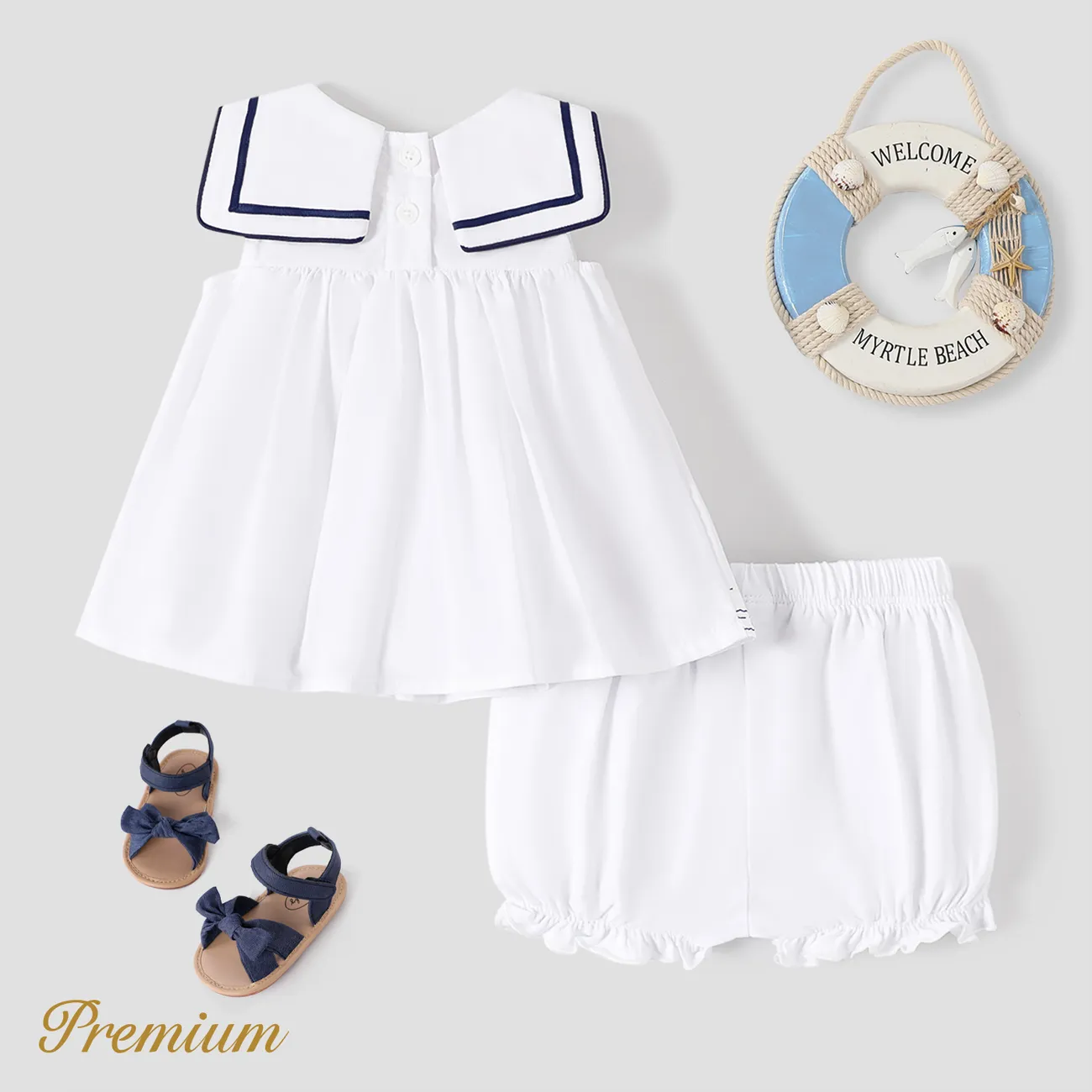 2pcs Baby Girl 100% Cotton Statement Collar Sleeveless Top and Bow Decor Cotton Shorts Set White big image 1