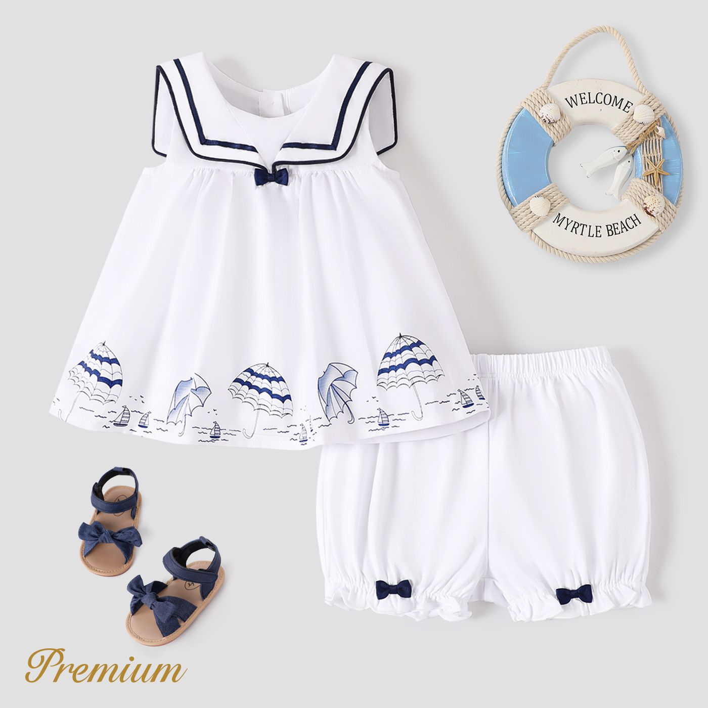 <Sailor’s Delight> 2pcs Baby Girl Top And Shorts Set