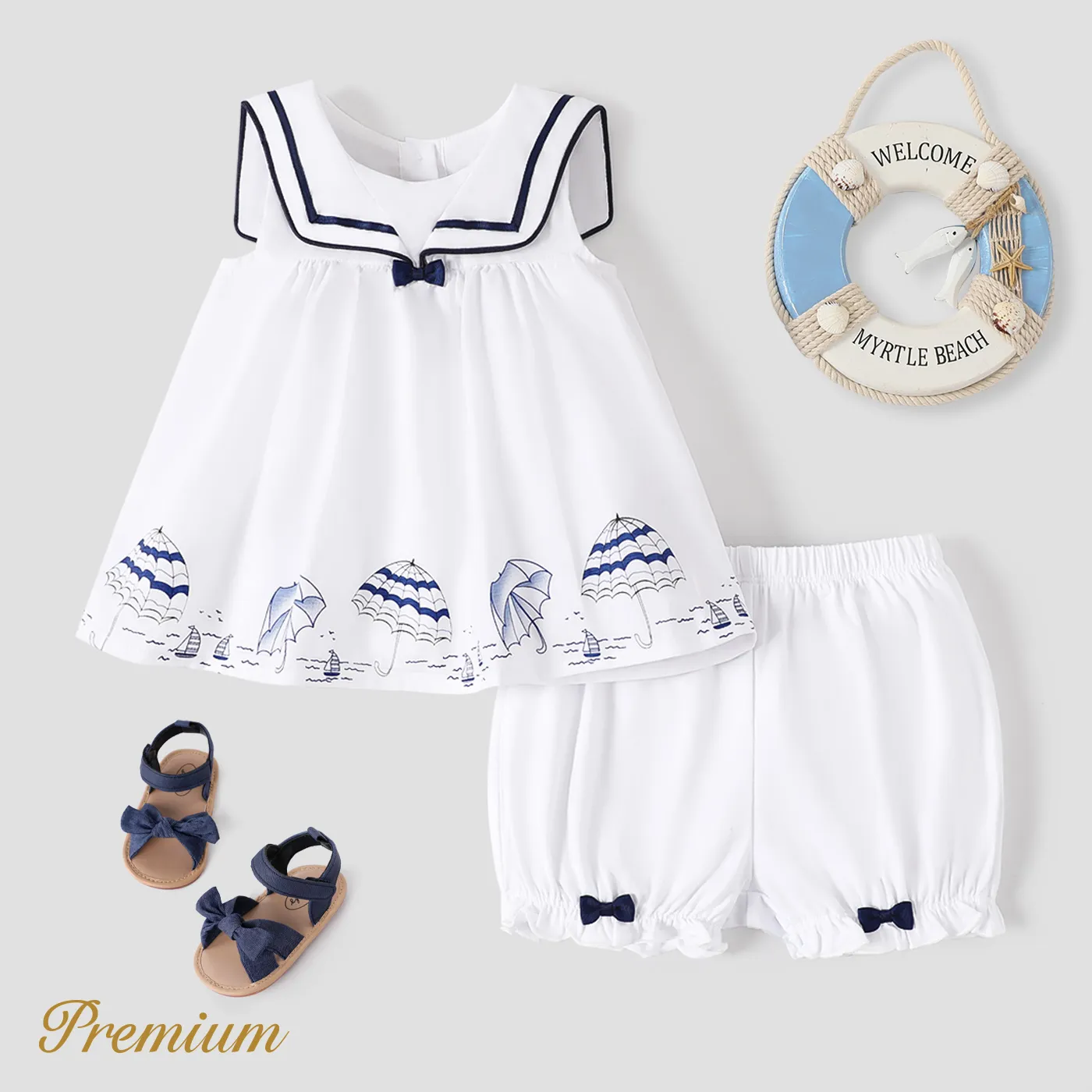 <Sailor's Delight> 2pcs Baby Girl Top and Shorts Set White