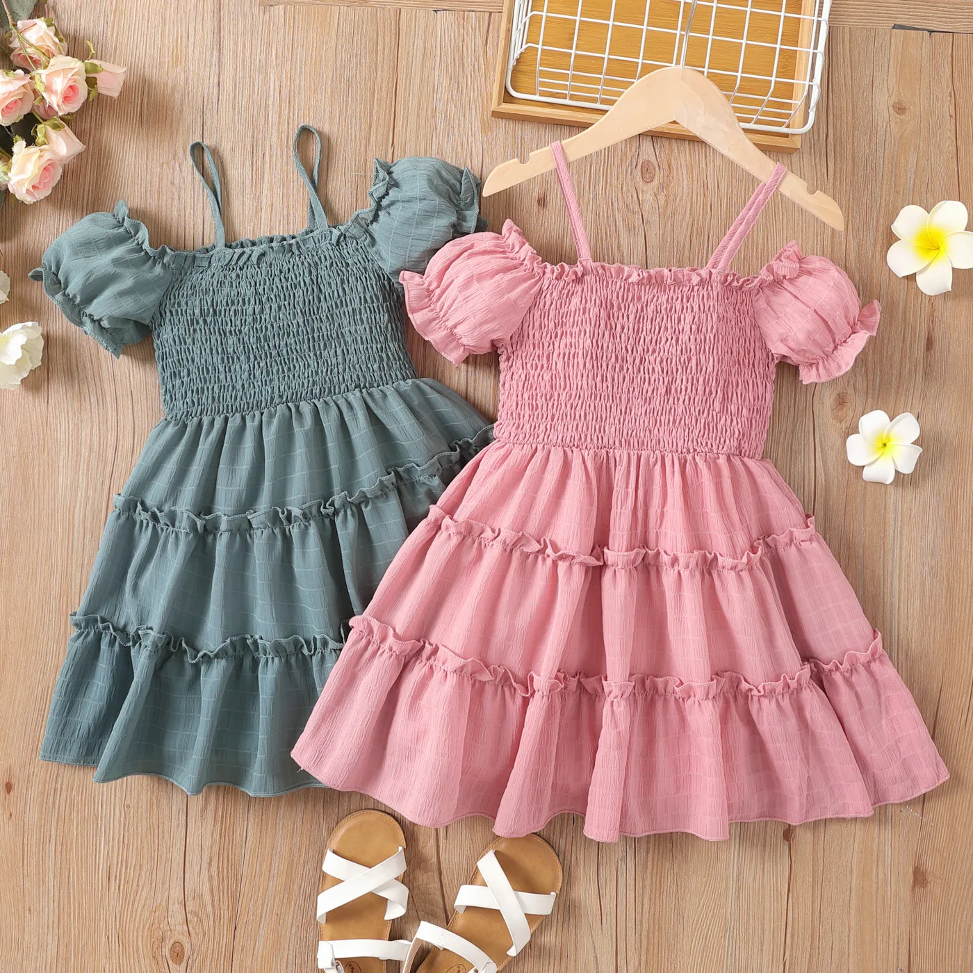 Kid Girl Ruffle Trim Smocked Cold Shoulder Slip Dress  
