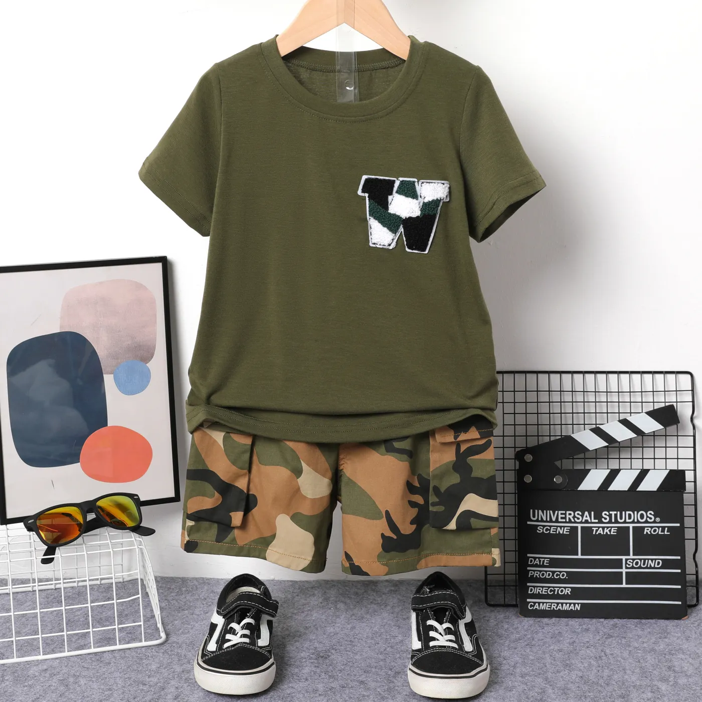 2pcs Kid Boy Letter Embroidered Short-sleeve Tee And 100% Cotton Camouflage Shorts Set