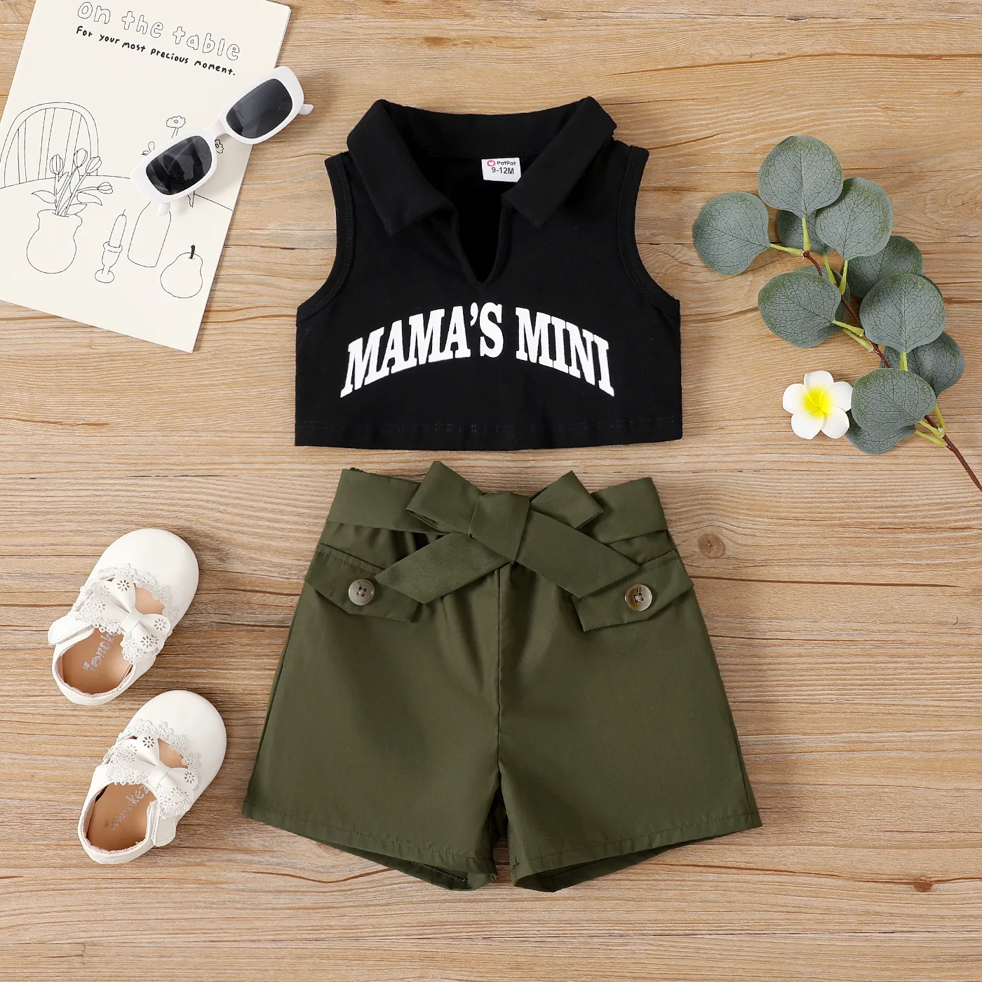 2pcs Baby Girl Letter Print Notched Neckline Collared Tank Top and Belted Shorts Set  ColorBlock big image 1