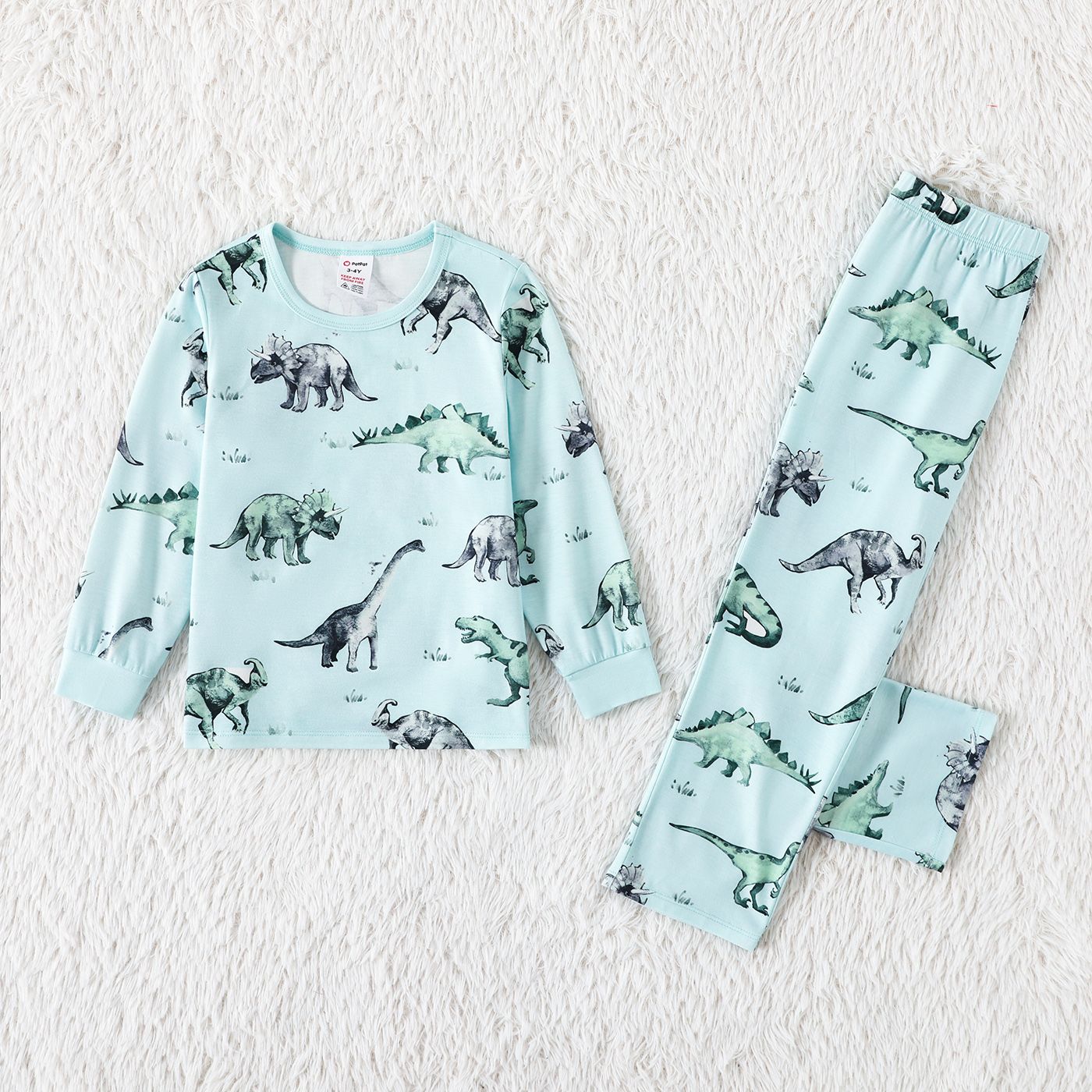 Family Matching Solid Color Dinosaur Print Long Sleeve Pajamas Sets (Flame Resistant)